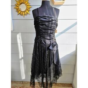 Vintage 1970s Black Lace & Satin Dress | Goth Witchy Halloween Prom S/M